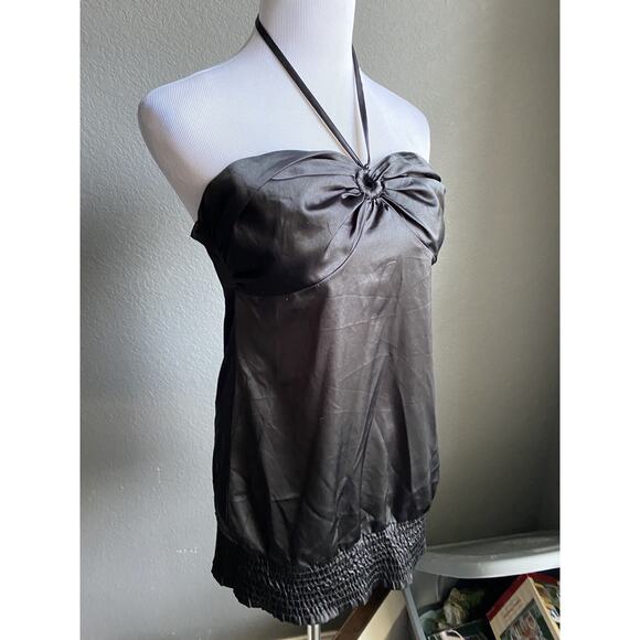 Guess Satin Halter Top Y2k Banded Hem Black Medium Women Blouse Keyhole Vtg - Picture 8 of 10